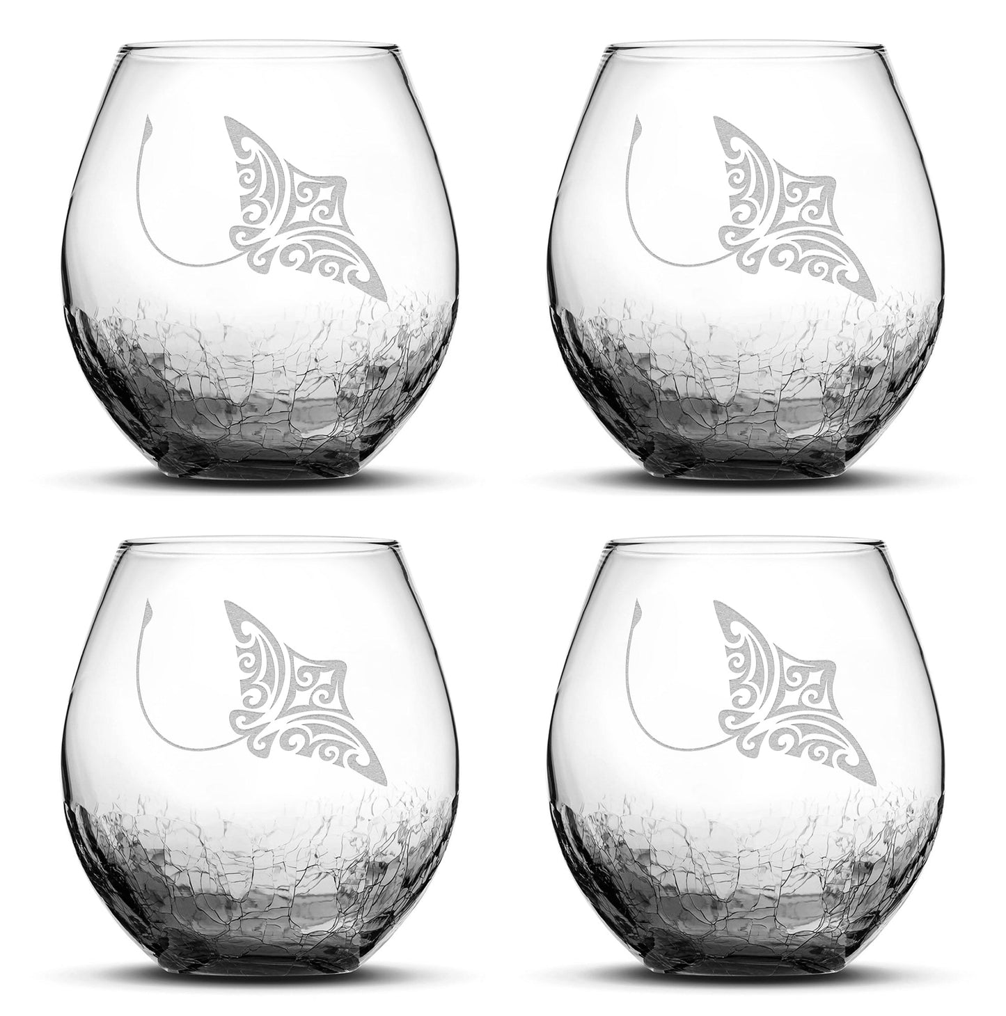 Crackle Wine Glasses with Tribal Stingray, Set of 4, Laser Etched or Hand Etched