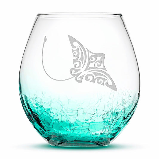 Crackle Wine Glass, Stingray Design, Laser Etched or Hand Etched, 18oz