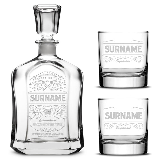 Customizable, Premium Refillable Capital Style Liquor Decanter and (Set of 2) Premium Whiskey Glasses, Handmade, Handblown, Hand Etched Gifts, Sand Carved, 750ml, Laser Etched or Hand Etched