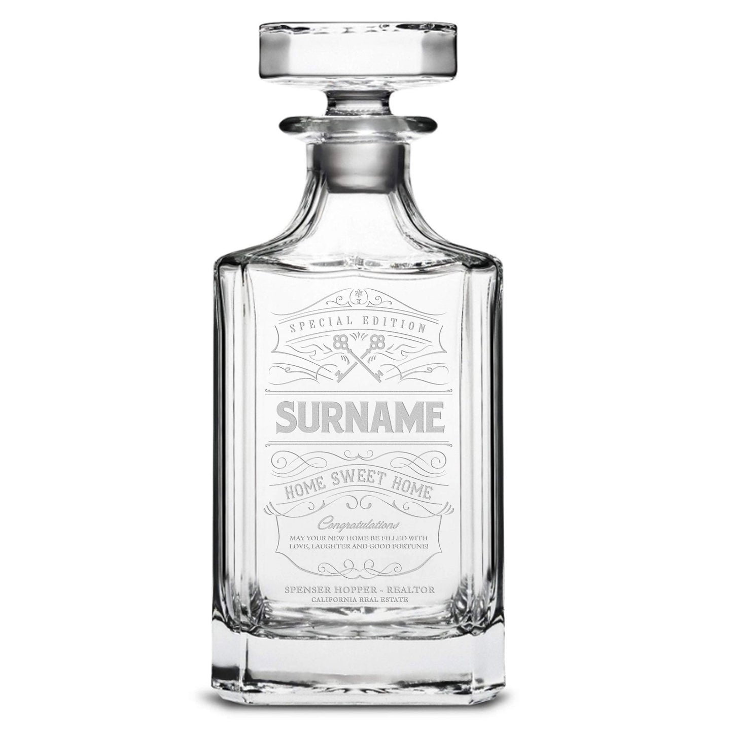 Integrity Bottles, Customizable Surname, Premium Refillable Diamond Style Liquor Decanter, Handmade, Handblown, Hand Etched Gifts, Sand Carved, 750ml, Laser Etched or Hand Etched