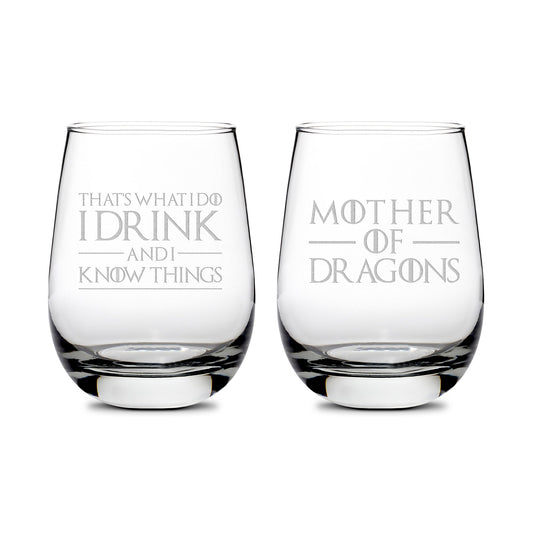 Premium Wine Glasses, Game of Thrones, I Drink and I Know Things, Mother of Dragons, 16oz (Set of 2), Laser Etched or Hand Etched