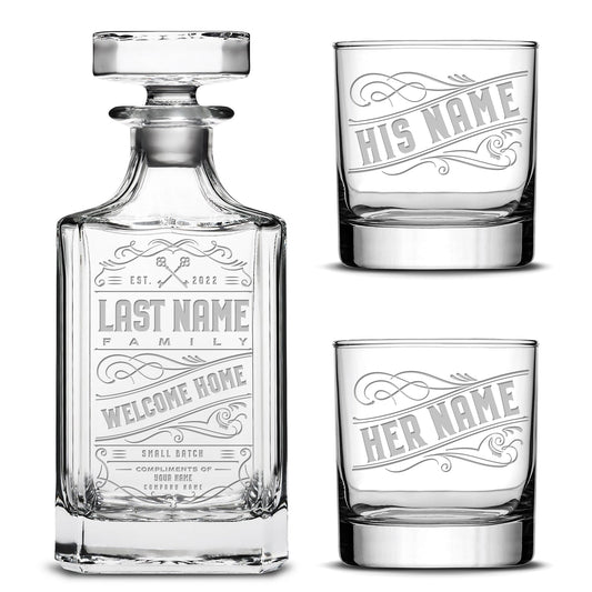 Customizable Welcome Home Diamond Decanter with Set of 2 Custom Whiskey Glasses, Laser Etched or Hand Etched