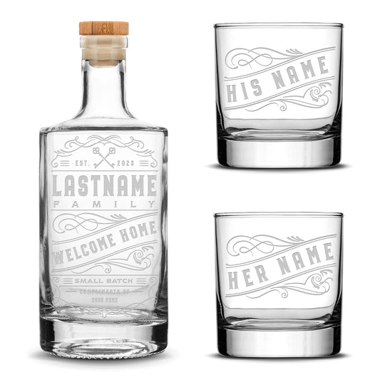 Customizable, Premium Refillable Jersey Style Liquor Decanter and (Set of 2) Premium Whiskey Glasses, Handmade, Handblown, Hand Etched Gifts, Sand Carved, 750ml, Laser Etched or Hand Etched