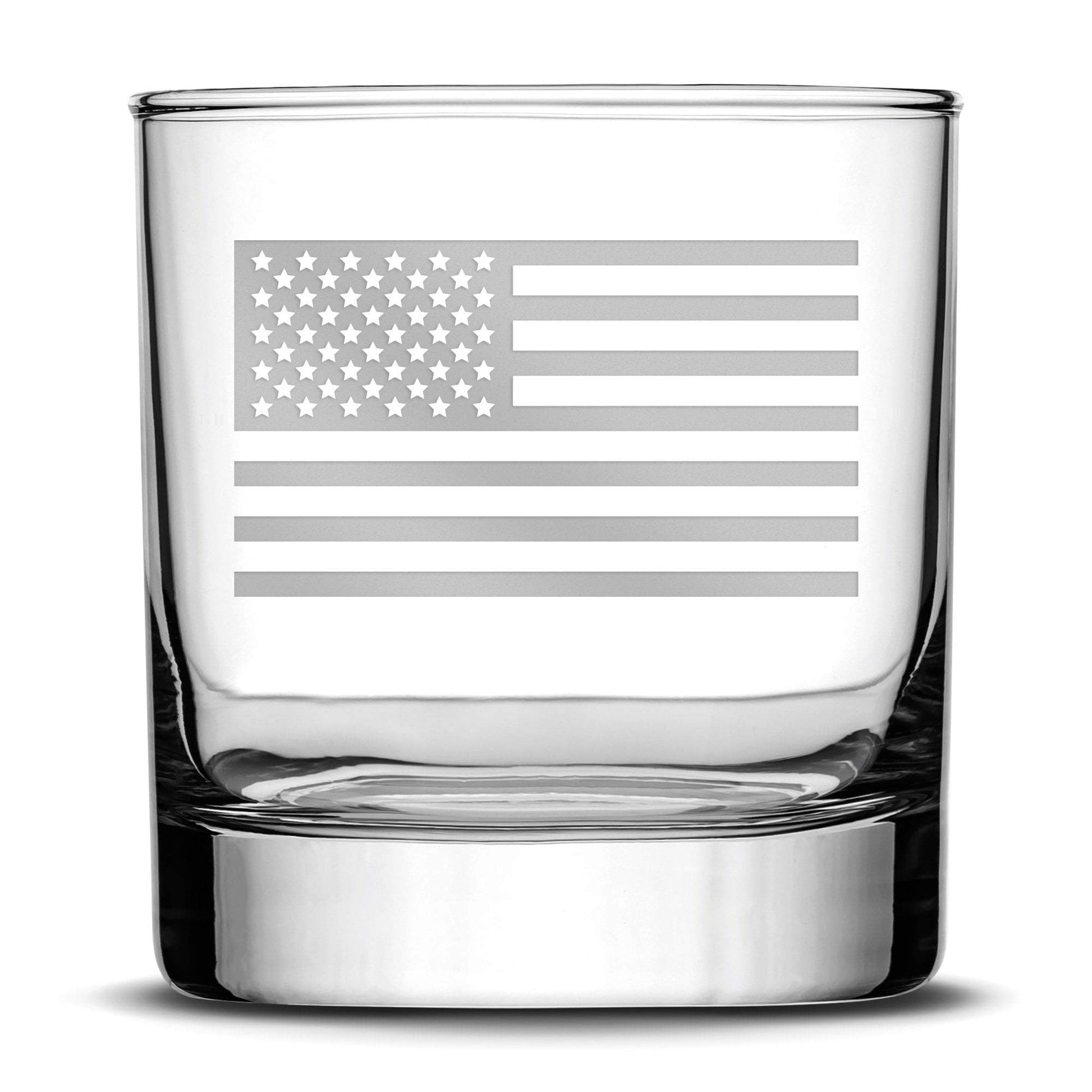 Deep Etch (no color) Premium Whiskey Glass, American Flag, 11oz Integrity Bottles