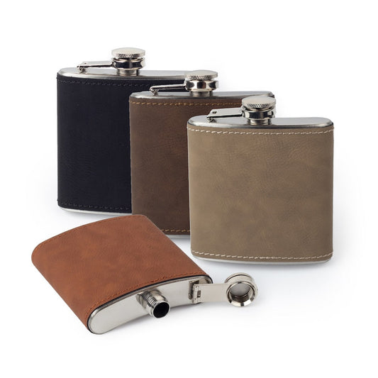 Customizable, Premium Leather Saddle Flask, Laser Engraved Gifts, 6oz, Laser Etched or Hand Etched
