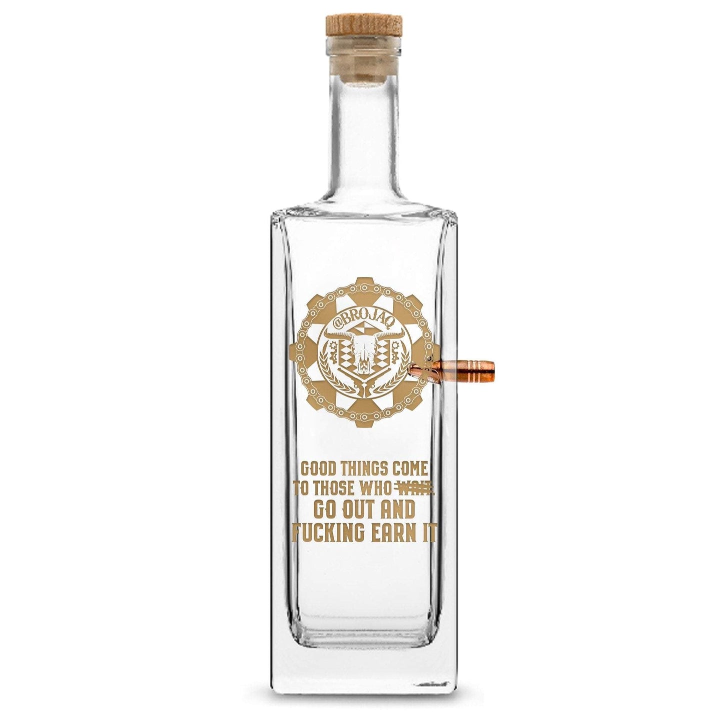 Gold Etch Premium .50 Cal BMG Bullet Bottle, Liberty Whiskey Decanter, Brojaq Sprocket, 750mL Integrity Bottles