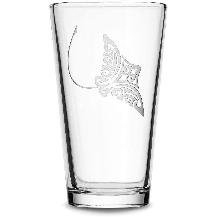 Pint Glass with Tribal Hammerhead Shark, Deep Etched by Integrity Bottles