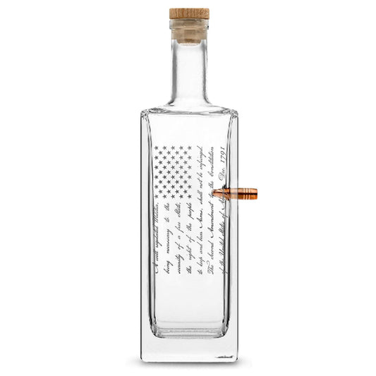 Premium .50 Cal BMG Bullet Bottle, Liberty Whiskey Decanter Cork Stopper, 2nd Amendment Flag, 750mL, Laser Etched or Hand Etched