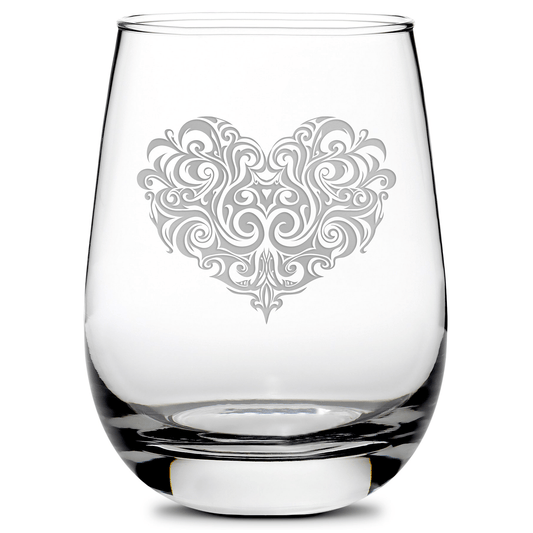 Stemless Wine Glass, Tribal Heart Design, Hand Etched, 16oz by Integrity Bottles