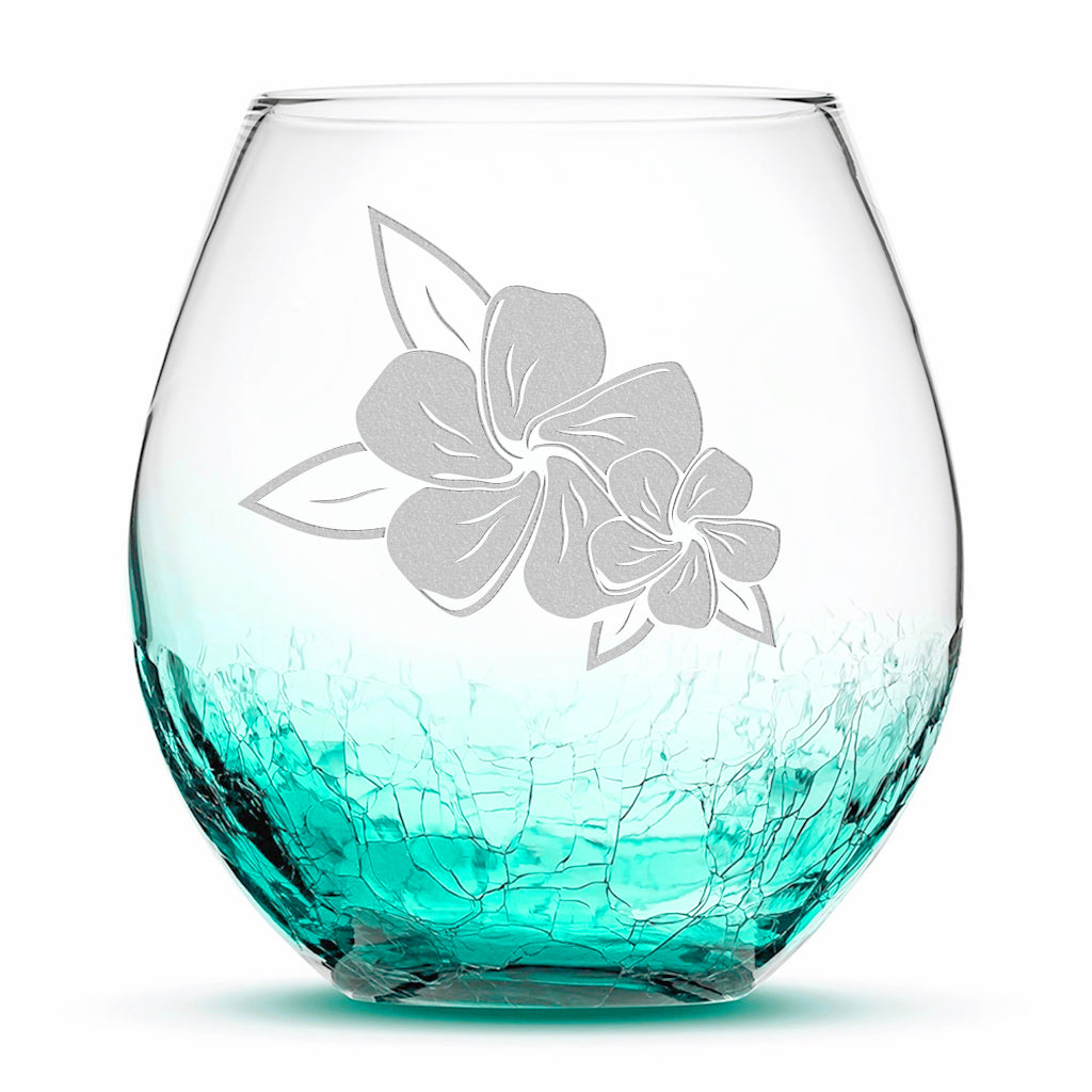 Crackle Wine Glass, 2 Plumerias with Leaves, Laser Etched or Hand Etched, 18oz