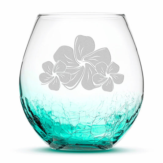 Crackle Wine Glass, 3 Plumerias, Laser Etched or Hand Etched, 18oz
