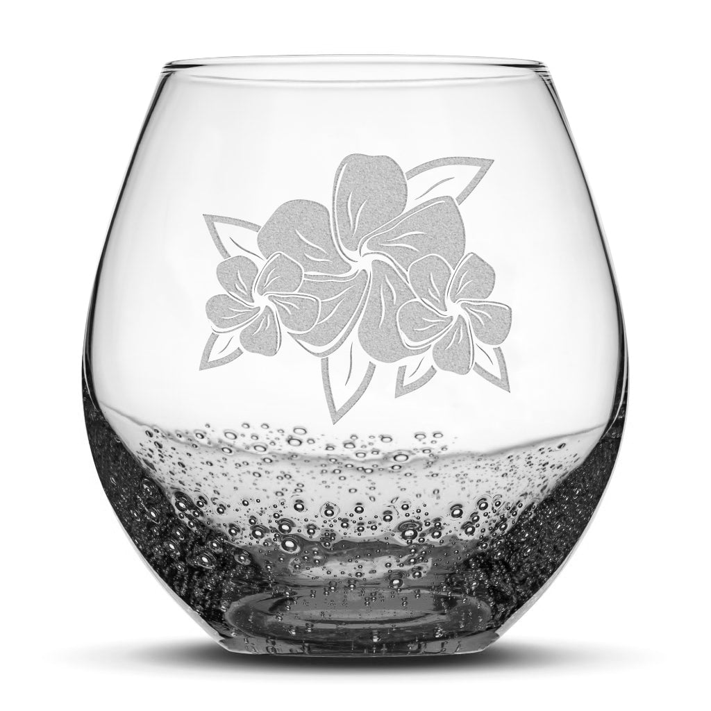 Bubble Wine Glass, 3 Plumerias with Leaves, Laser Etched or Hand Etched, 18oz