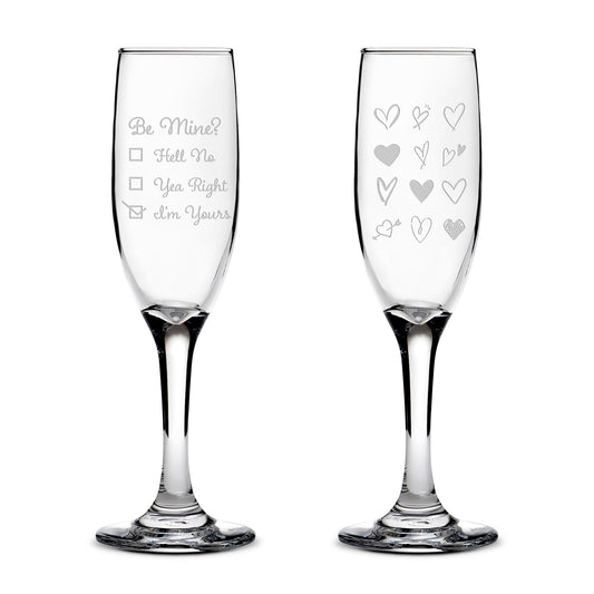 Premium Stemmed Champaign Flute, Be Mine Valentines Day, Set of 2, Laser Etched or Hand Etched
