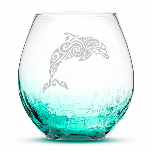 Crackle Wine Glass, Dolphin Design, Laser Etched or Hand Etched, 18oz