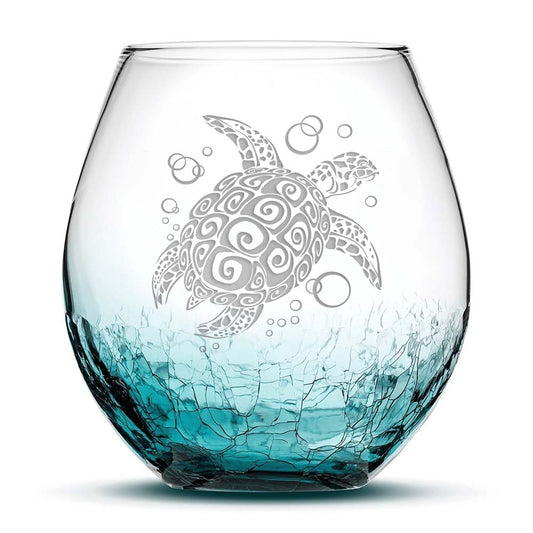 Integrity Bottles, Aztec Tortuga Stemless Crackle Teal Wine Glass, Laser Etched or Hand Etched, 18oz