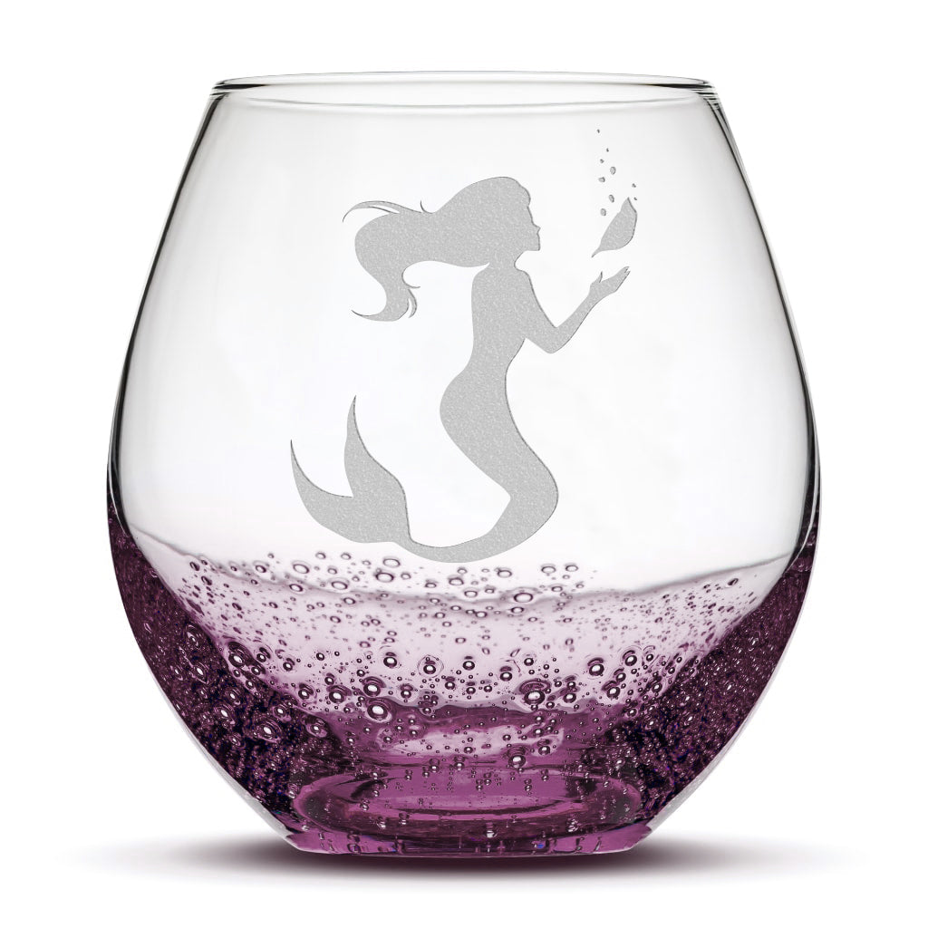 Bubble Wine Glass, Mermaid 1 Design, Laser Etched or Hand Etched, 18oz