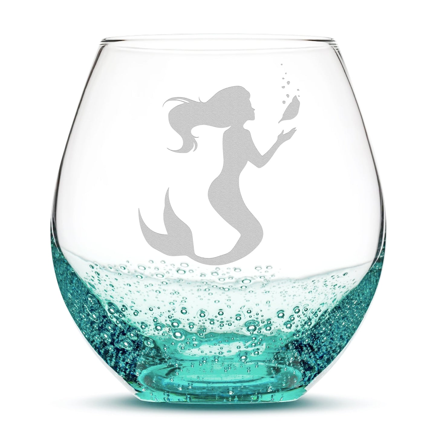 Bubble Wine Glass, Mermaid 1 Design, Laser Etched or Hand Etched, 18oz