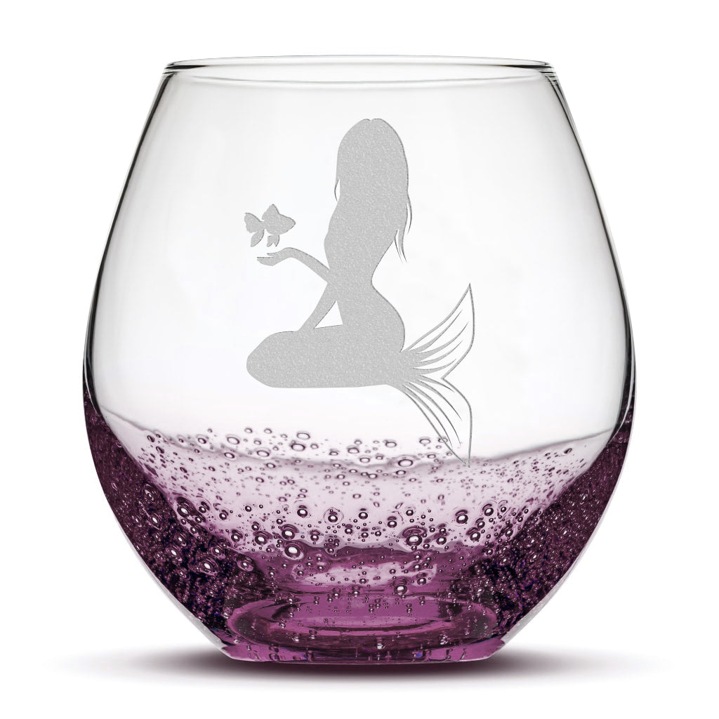 Bubble Wine Glass, Mermaid 5 Design, Laser Etched or Hand Etched, 18oz