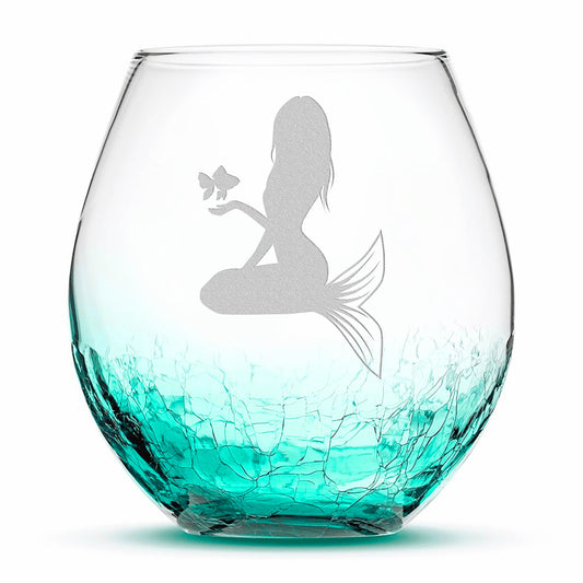 Crackle Wine Glass, Mermaid 5 Design, Laser Etched or Hand Etched, 18oz
