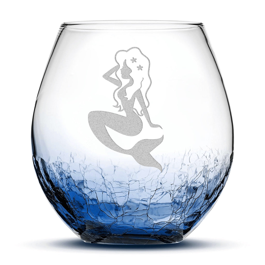 Crackle Wine Glass, Mermaid Design, Laser Etched or Hand Etched, 18oz