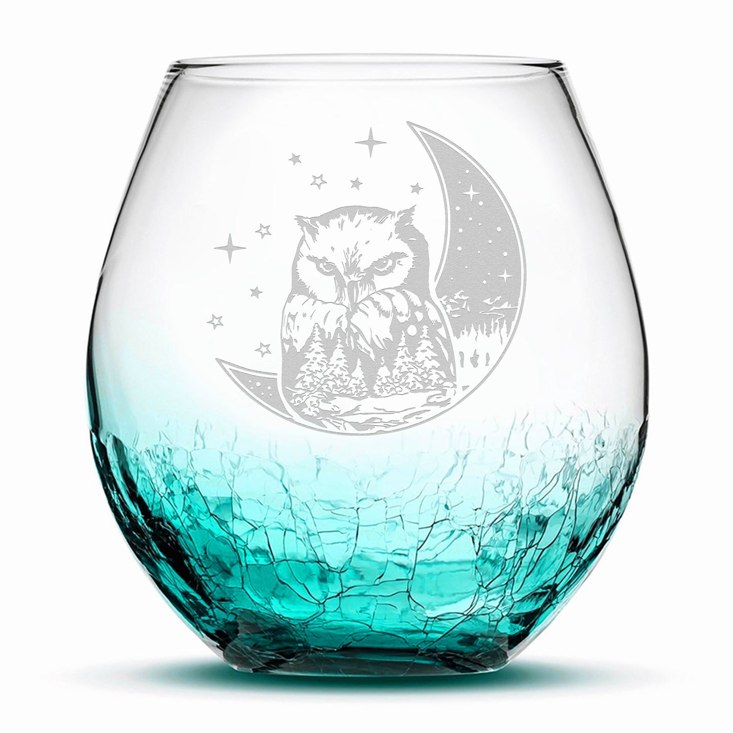 Crackle Wine Glass, Owl & Moon Design, Laser Etched or Hand Etched, 18oz