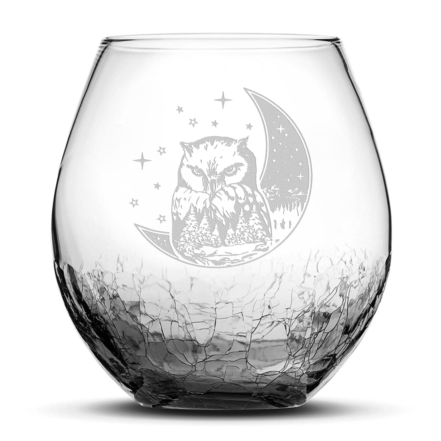 Crackle Wine Glass, Owl & Moon Design, Laser Etched or Hand Etched, 18oz