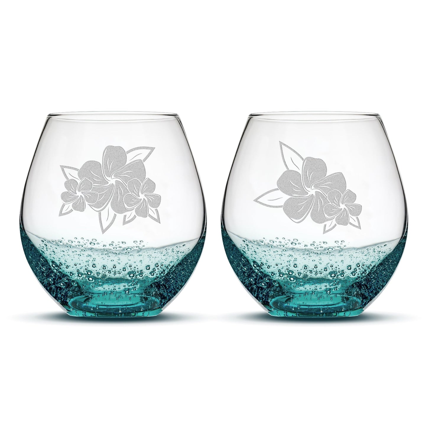 Bubble Wine Glasses, Plumerias with Leaves, Set of 2