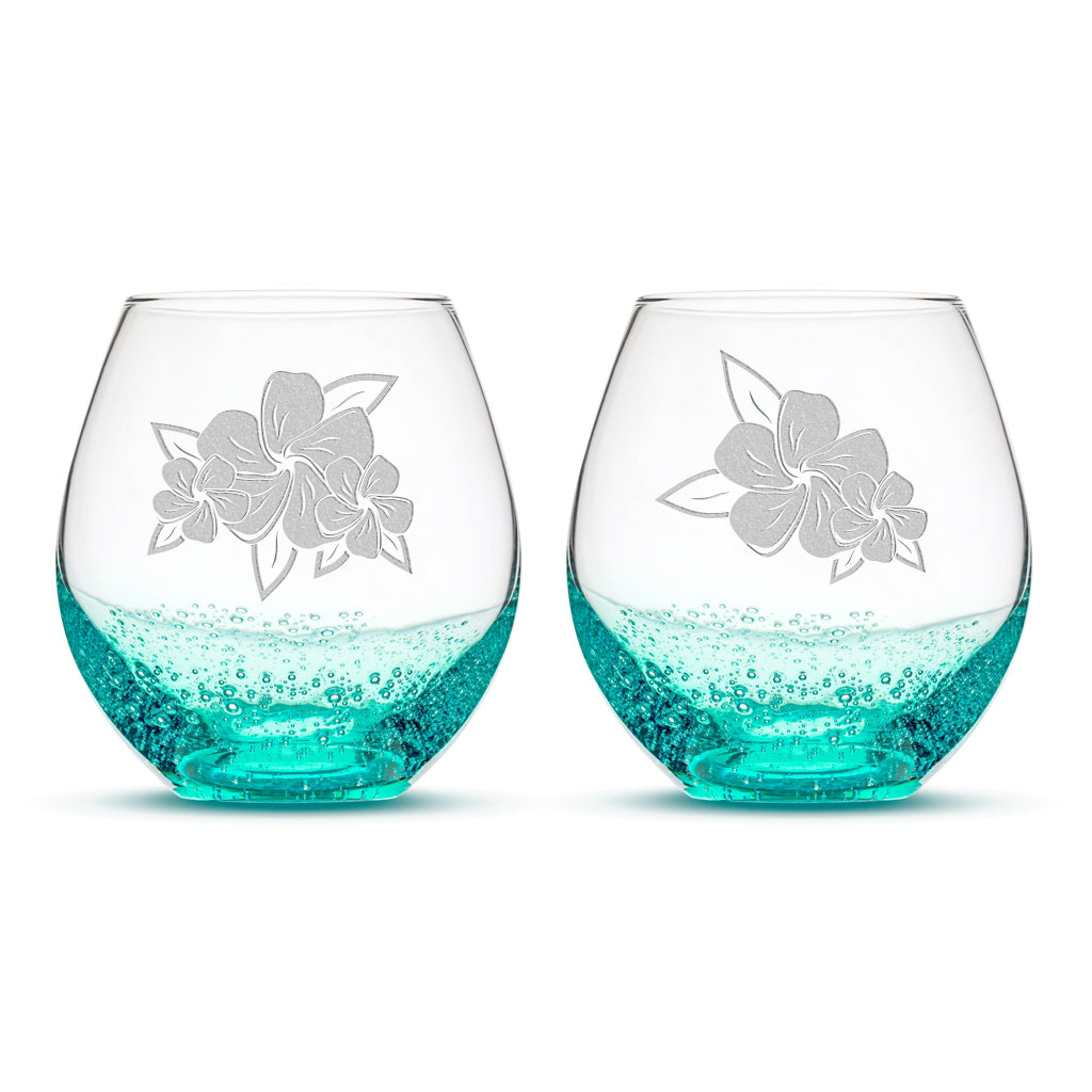Bubble Wine Glasses, Plumerias with Leaves, Set of 2