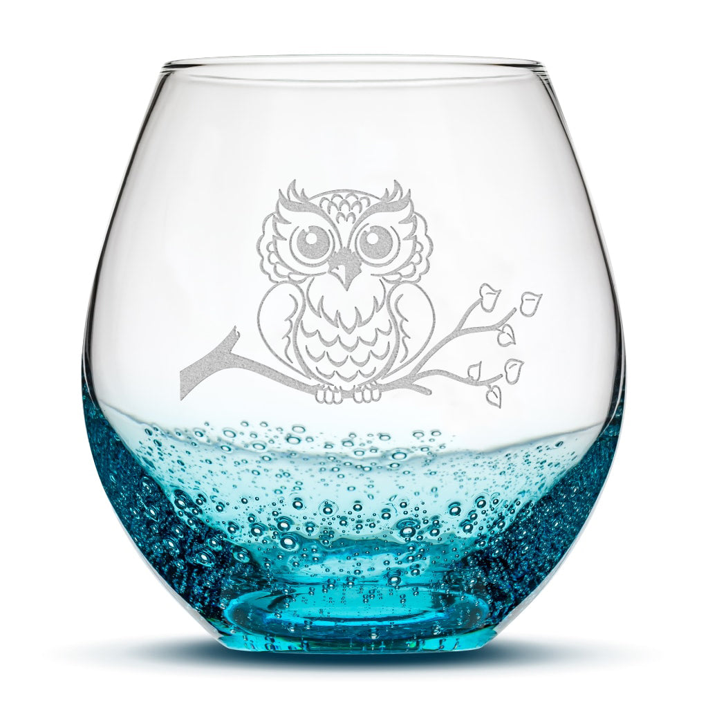 Bubble Wine Glass, Resting Owl Design, Laser Etched or Hand Etched, 18oz