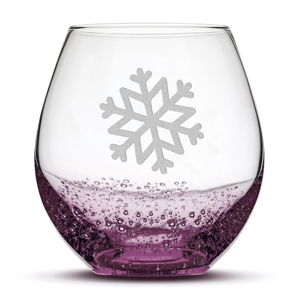 Bubble Wine Glass, Single Snowflake, Laser Etched or Hand Etched, 18oz