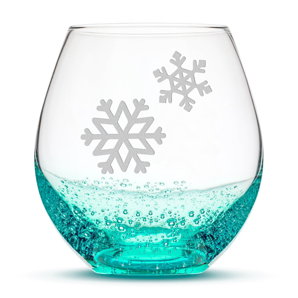 Bubble Wine Glass, Double Snowflakes, Laser Etched or Hand Etched, 18oz