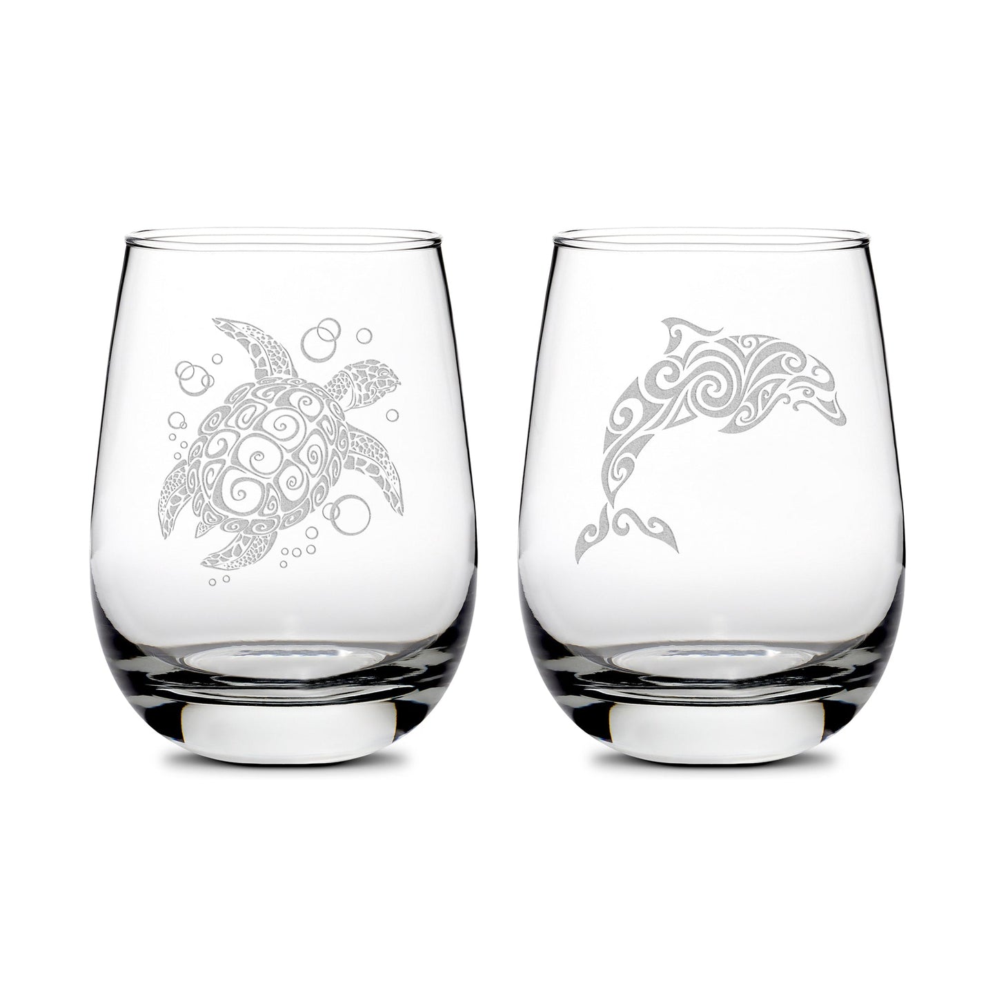 Premium Wine Glasses, Sea Turtle and Dolphin, 16oz (Set of 2), Laser Etched or Hand Etched