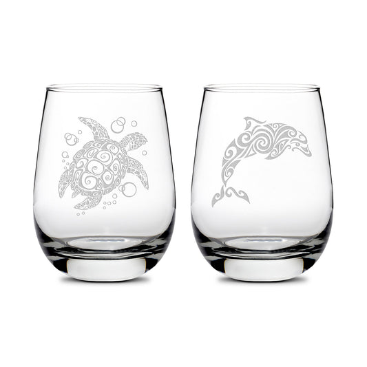 Premium Wine Glasses, Sea Turtle and Dolphin, 16oz (Set of 2), Laser Etched or Hand Etched