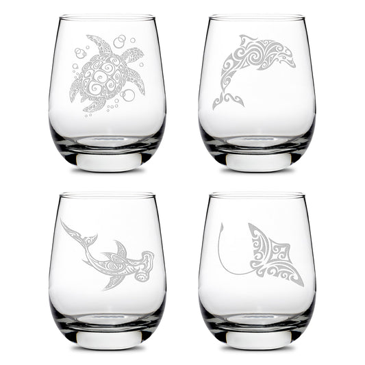Premium Wine Glasses, Tribal Turtle, Dolphin, Shark, and Stingray (Set of 4), Laser Etched or Hand Etched