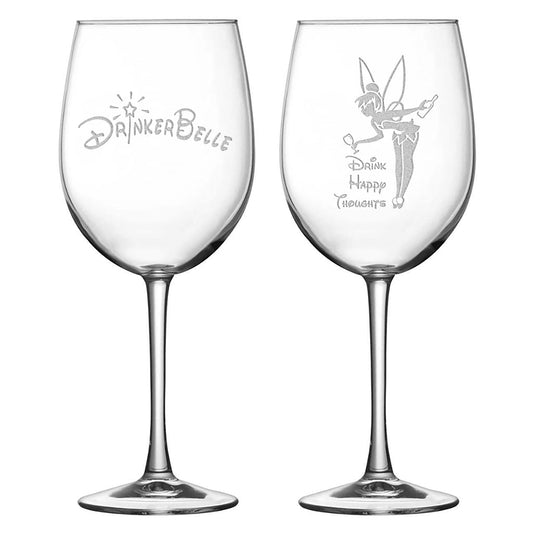Stemmed Tulip Wine Glass, Drinkerbelle, Drink Happy Thoughts, Set of 2, Laser Etched or Hand Etched