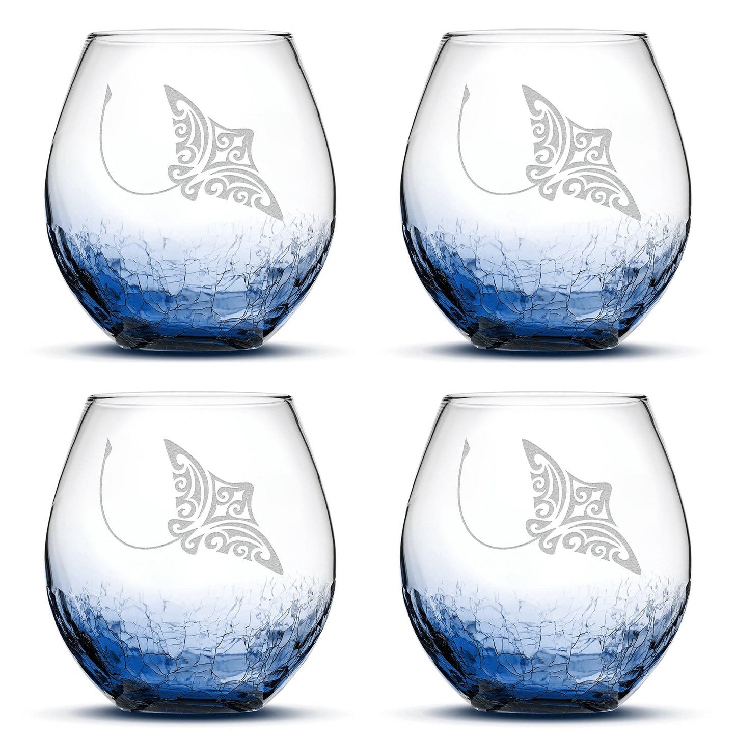Crackle Wine Glasses with Tribal Stingray, Set of 4, Laser Etched or Hand Etched