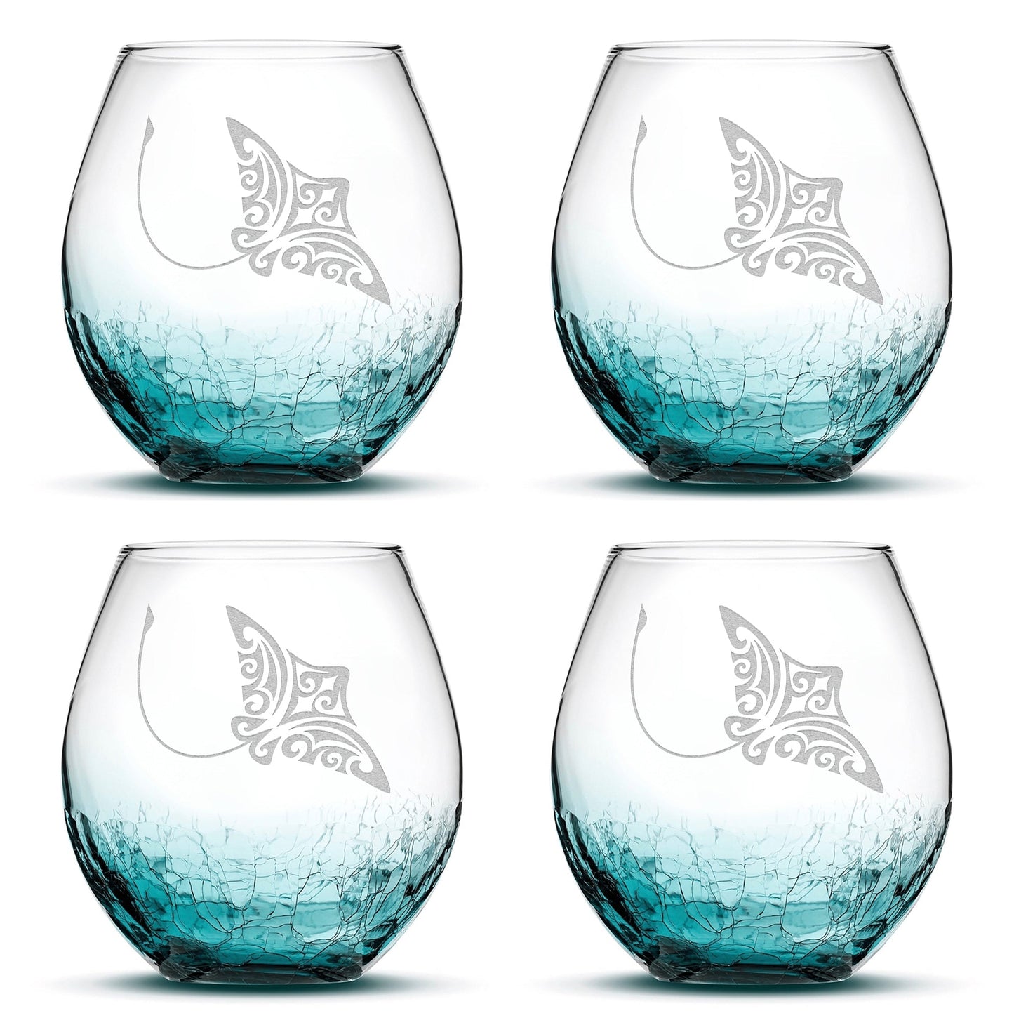 Crackle Wine Glasses with Tribal Stingray, Set of 4, Laser Etched or Hand Etched