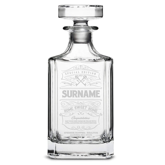 Integrity Bottles, Customizable Surname, Premium Refillable Diamond Style Liquor Decanter, Handmade, Handblown, Hand Etched Gifts, Sand Carved, 750ml, Laser Etched or Hand Etched