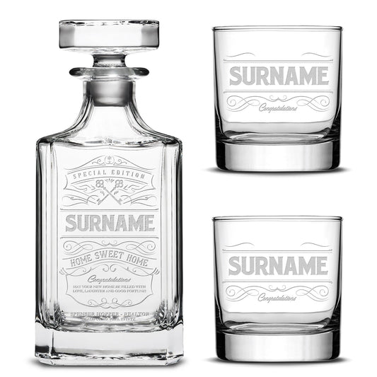 Customizable, Premium Refillable Diamond Style Liquor Decanter and (Set of 2) Premium Whiskey Glasses, Handmade, Handblown, Hand Etched Gifts, Sand Carved, 750ml, Laser Etched or Hand Etched