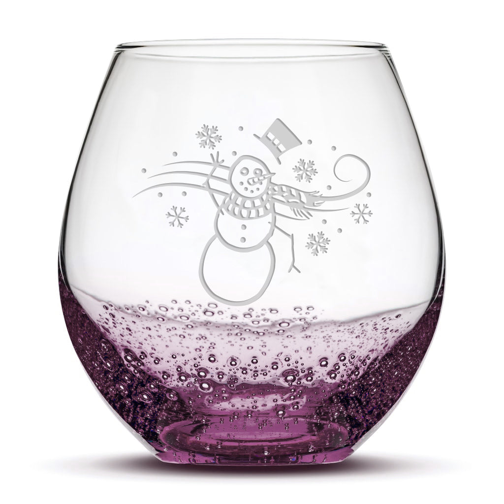 Bubble Wine Glass, Windy Snowman, Laser Etched or Hand Etched, 18oz