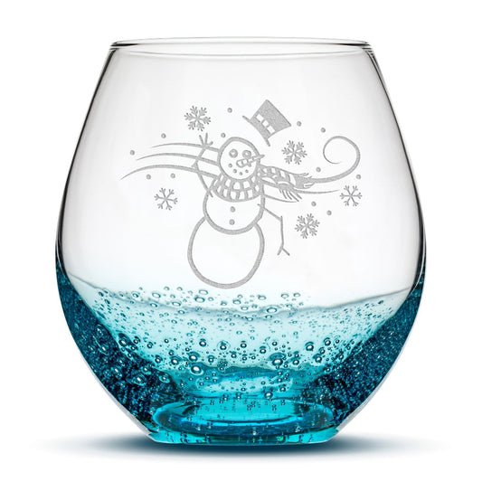Bubble Wine Glass, Windy Snowman, Laser Etched or Hand Etched, 18oz