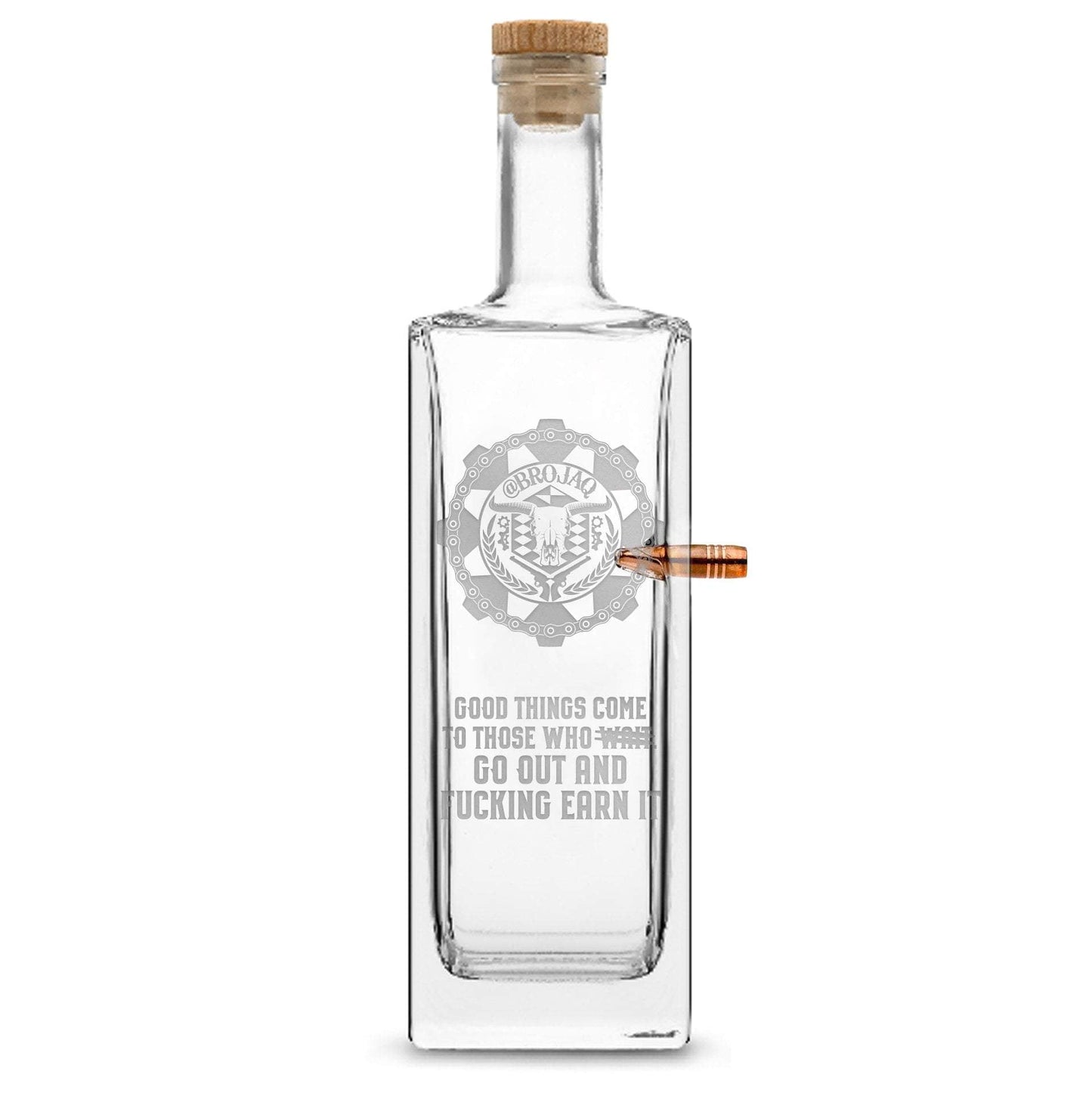 Deep Etch (no color) Premium .50 Cal BMG Bullet Bottle, Liberty Whiskey Decanter, Brojaq Sprocket, 750mL Integrity Bottles