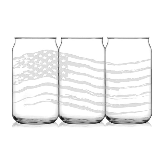 Premium Beer Can Glass, Full 360° Etched, All American Flag, 16oz, Laser Etched or Hand Etched