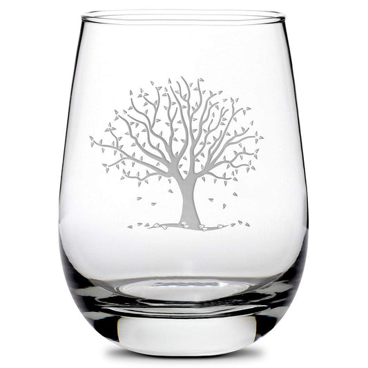 Premium Stemless Wine Glass, Fall Season, Hand Etched, Made in USA, 16oz by Integrity Bottles