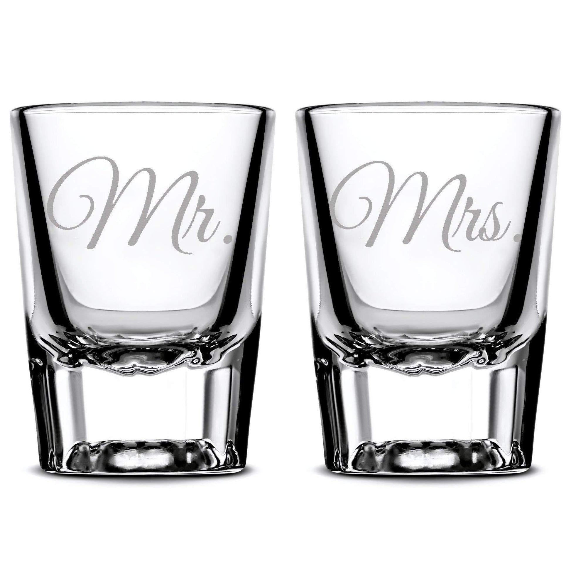 Premium Wedding Shot Glasses, Mr. and Mrs. Integrity Bottles